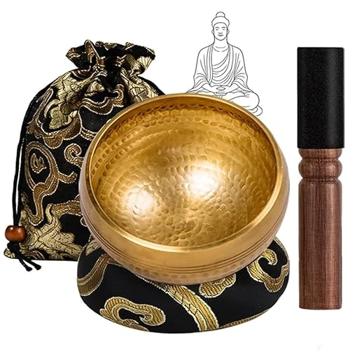 Neuytiky Bol Chantant Tibetain 8cm,Bol Tibetain 7 Metaux Fait Main,Bol Tibétain avec Maillet Cuir Coussin Pochette,Bol Tibetain Laiton pour Méditation Yoga Détente Guérison
