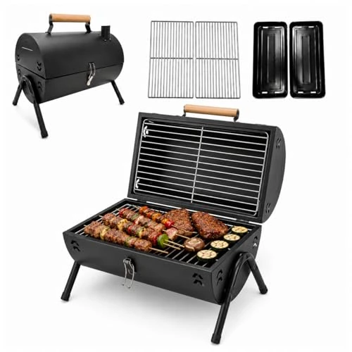 Offerta a tempo: Barbecue portatile con design a secchio, nero, set da barbecue per esterni, con 2 griglie e manico in legno, compatto da campeggio - 0.00% da 69.99 € a 69.99 €