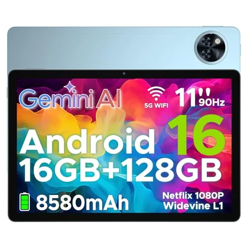 DOOGEE U11 Tablet Android 16, Tablet 11 Zoll, Gemini AI, 16 GB RAM + 128 GB ROM/2 TB TF, 8580 Amh, 7,9 mm Thin, T7200 Octa-Core, 90 Hz 13 MP, Face Support Unlock/GPS Blau