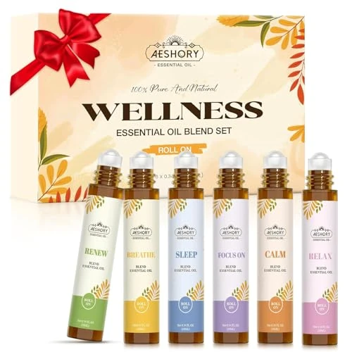 AESHORY 6 x 10 ml Ätherische Öle Roll On Set, Natürliches Aromatherapie Öl Set für Massage, Entspannung – Beruhigend, Entspannend, Atmend, Konzentrierend, Schlafend, Erneuernd