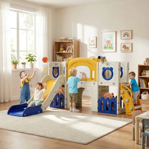 Tijdelijke aanbieding: MAMIZO 10-in-1 kinderglijbaan met klimrek, voor binnen en buiten, met basketbalkorf en telescoop, tunnel, opbergruimte, tuinglijbaan, kinderspeelplaats, met 4 modules (geelblauw) van 169.99 € naar 169.99 € (0.00% korting)