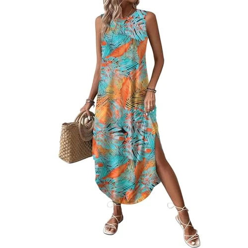 Oferta limitada: Zeagoo Vestido de Verano para Mujer de Playa Sin Mangas Casual Largo Vestidos Elegante Cuello Redondo Vestido Ligero Holgado con Bolsillos Hojas Naranjas Azules L de 19.99 € a 9.99 € (ahorro 50%)