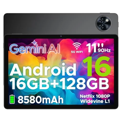 DOOGEE U11 Tablet Android 16, Tablet 11 Zoll, Gemini AI, 16 GB RAM + 128 GB ROM/2 TB TF, 8580 Amh, 7,9 mm Thin, T7200 Octa-Core, 90 Hz 13 MP, Face Support Unlock/GPS Schwarz