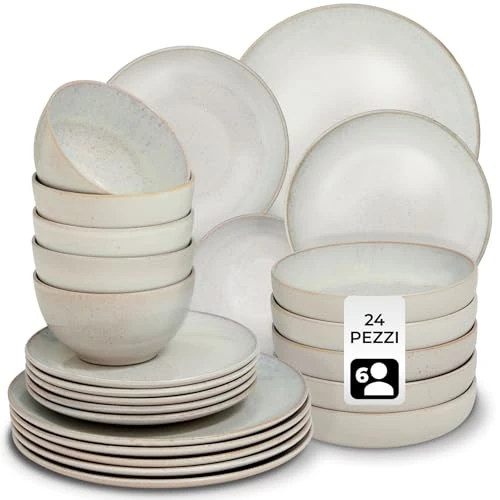 Tijdelijke aanbieding: tectake® Serviesset Mare, 24-delig, Aardewerk met Glanzend Glazuur, 6 Persoons, Handgemaakt Servies, Moderne Bordenset met Borden, Kommen, Schaaltjes, Vaatwasser- en Magnetronbestendig, Zandkleur van 194.00 € naar 144.99 € (25.26% k