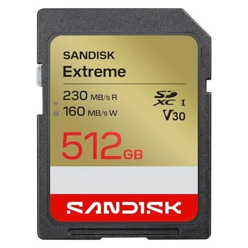 Offerta a tempo: SANDISK Extreme Scheda SD UHS-I da 512 GB (fino a 230 MB/s velocità di lettura e fino a 160 MB/s velocità di scrittura, video in 4K UHD, U3, V30) SANDISK Memory Zone App - 0.00% da 184.99 € a 184.99 €