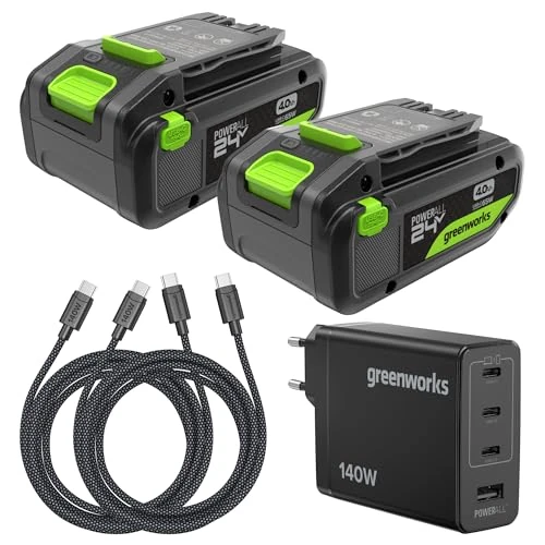 Oferta limitada: Greenworks 2Pack Batería Recargable de Alta Potencia de 24 V 4 Ah con USB-C, Cargador USB-C de 140 W y Cable de 140 W, 2 años de garantía - K2D8DEA de 159.99 € a 129.99 € (ahorro 19%)