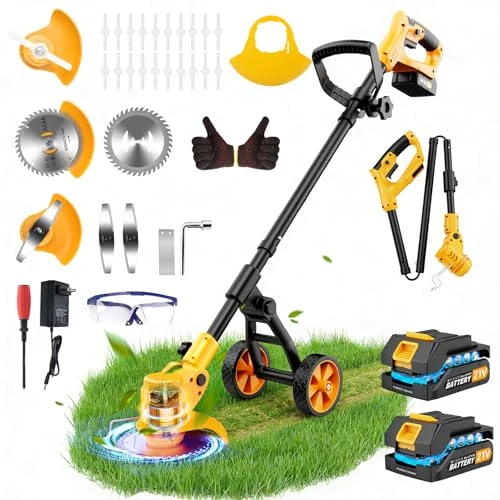 Offerta a tempo: Decespugliatore a batteria, 21v TelescopicoTagliabordi a Batteria Decespugliatore Elettrico con 2 Batterie con Caricabatterie e Ruote Rimovibili, 3 Tipi di Lame per Il Taglio Di Giardini Prati - 0.00% da 89.99 € a 89.99 €