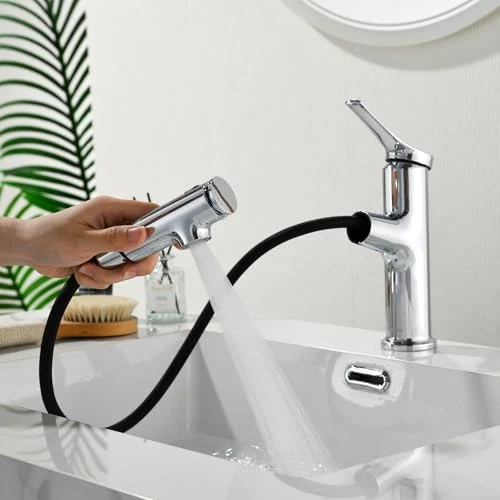 Offerta a tempo: Rubinetto bagno Mynaiad, rubinetto bagno lavabo per bagno con 3 tipi di getto, doccetta estraibile, miscelatore lavabo bagno monocomando per lavabo, cromato - 0.00% da 58.78 € a 58.78 €