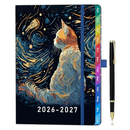 Offerta a tempo: Agenda 2026-2027 Settimanale A5, Versione Italiana, Agosto 2026 – Luglio 2027, Agenda Verticale con Linguette Colorate e Tasca Interna – Gatto Stellato - 5% da 7.99 € a 7.59 €