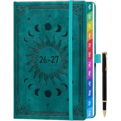 Offerta a tempo: Agenda 2026-2027 Settimanale A5, Versione Italiana, Agosto 2026 – Luglio 2027, Agenda Verticale con Linguette Colorate e Tasca Interna, Copertina Sole e Luna – Teal - 0.00% da 7.99 € a 7.99 €