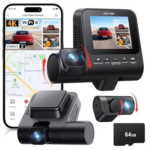 Offerta a tempo: Jzones 3 Canale 4K Dashcam, Registrazione Video 4K+1080P+1080P, Dashcam Auto Anteriore, Posteriore e Interna con Visione Notturna STARVIS 2 e HDR, Parcheggio Sorvegliato 24H, Sensore G, WiFi 6 e GPS - 33% da 179.99 € a 119.99 €