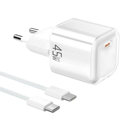 YISH 45W Caricatore USB C Caricabatterie：GAN PD3.0 Alimentatore USB C Rapido Compatto Carica Batterie Cellulare con 60W Cavo Type-C 1M Spina Ricarica Adattatore Tipo C Presa Spinotto per Smartphone