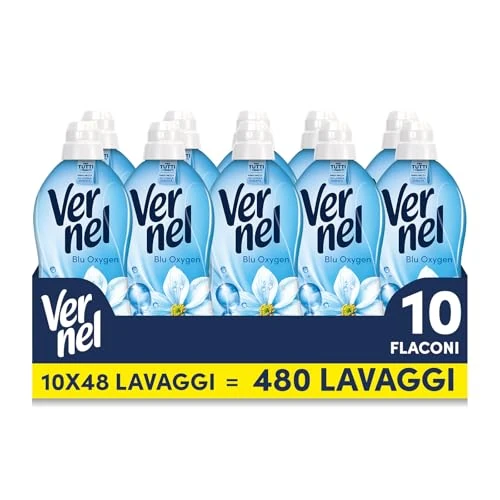 Offerta a tempo: Ammorbidente Concentrato Vernel Blu Oxygen (10 x 48 lavaggi), Ammorbidente Concentrato per Tutti i Tessuti, Morbidezza Irresistibile e Freschezza di Lunga Durata - 13% da 37.90 € a 32.99 €