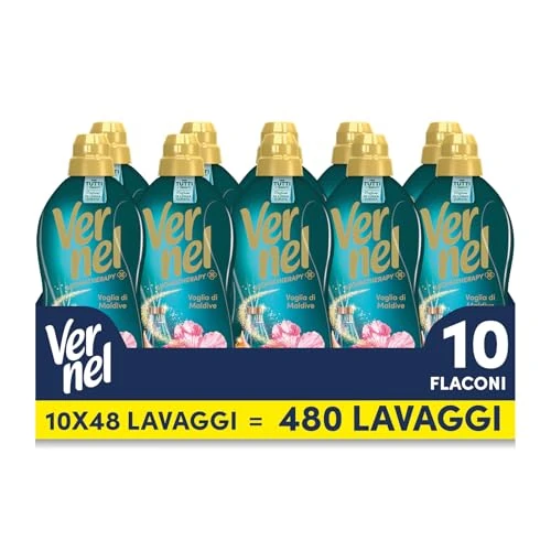Offerta a tempo: Ammorbidente Concentrato Vernel Aromatherapy Voglia di Maldive (10 x 48 lavaggi), Ammorbidente Concentrato per Tutti i Tessuti, Profumo di Lunga Durata con Oli Essenziali - 16% da 37.90 € a 31.99 €