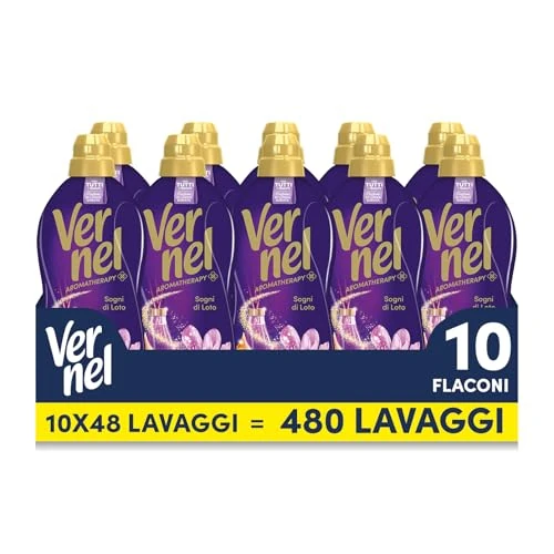 Offerta a tempo: Ammorbidente Concentrato Vernel Aromatherapy Sogni di Loto (10 x 48 lavaggi), Ammorbidente Concentrato per Tutti i Tessuti, Profumo di Lunga Durata con Oli Essenziali - 13% da 37.90 € a 32.99 €