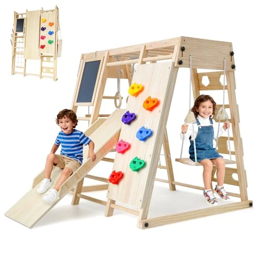 SPYLAVE Groot klimrek voor binnen (inklapbaar), 10-in-1 Montessori klimrek voor kinderen, indoor speelplaats van hout met bord, glijbaan, schommel, klimwand, veilig en stabiel klimuitrusting