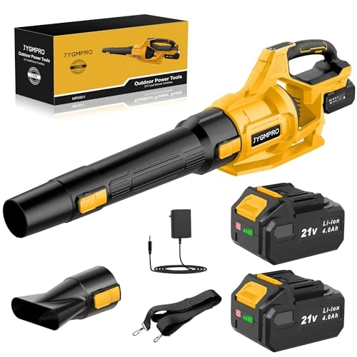JYGMPRO 21V Soffiatore a Batteria, Soffiatore Foglie Elettrico con 2 Batteria da 4,0Ah, 2 Ugelli, 3 Velocità Regolabili, Tracolla per Foglie, Neve, Polvere e Detriti