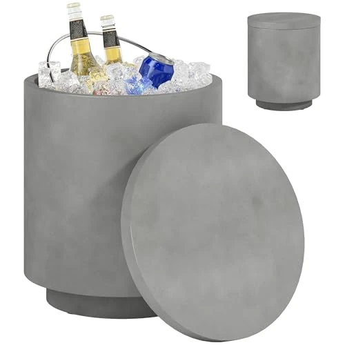 HOMCOM Mesa multiusos 3 en 1 con cubo de hielo extraíble de 10 L y tapa, mesa de exterior de acero inoxidable y hormigón, Ø37,5 x 43,5 cm, gris claro