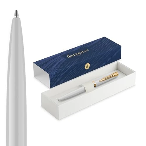Offerta a tempo: Waterman Impression Penna a sfera | Punta media con ricarica inchiostro blu | Lacca bianca con finiture placcate in oro | Confezione regalo - 34% da 23.84 € a 15.64 €