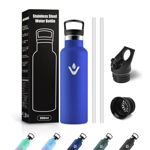 Roestvrijstalen drinkfles, 500 ml, waterfles met rietje, herbruikbaar, BPA-vrij, lekvrij, thermosfles voor school, camping