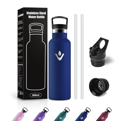 Roestvrijstalen drinkfles, 500 ml, thermosfles met rietje, herbruikbaar, BPA-vrij, lekvrij, thermosfles voor school, camping