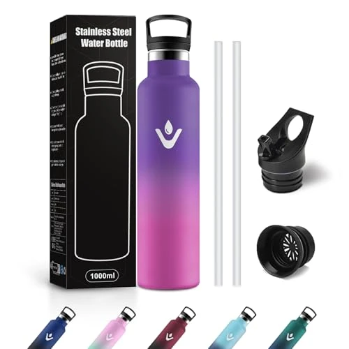 JAPORIA Butelka termiczna 1 l, butelka termiczna ze słomką, wielokrotnego użytku, szczelna, bez BPA, do podróży, szkoły, jazdy na rowerze