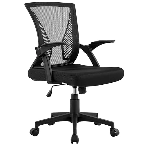 Yaheetech Sedia da Ufficio Scrivania Ergonomica con Braccioli Ribaltabili Lombare in Rete Traspirante Reclinabile Altezza Regolabile Girevole a Ruote Portata 136 kg Nero