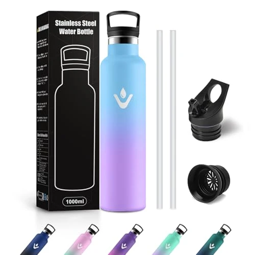 JAPORIA Butelka ze stali nierdzewnej 1L, butelka termiczna ze słomką, wielokrotnego użytku, szczelna, bez BPA, termos do Gimnazjum, kemping