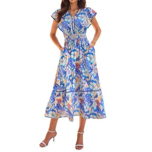 Oferta limitada: GRACE KARIN Vestido de verano para mujer de manga corta con volantes, cuello en V, estampado de flores, para la playa, maxi, estilo bohemio, azul, S de 54.17 € a 19.99 € (ahorro 63.1%)