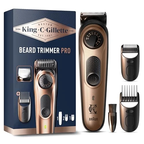 King C Gillette Cordless Beard Trimmer PRO for Men with 40 Length Settings. 1 Trimmer, 1 Detail Trimmer, 1 Cleaning Brush, 4 Interchangeable Combs, 1 Charger, and 1 Zip Pouch
