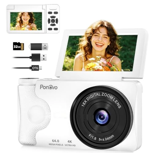 4K 64MP Digital Camera Auto Focus Photo Camera for Vlogging with 3 Inch 180° Folding Screen, Ponovo Camera 32GB Digital Camera for Daily Photos, 18X Zoom, 2000mAh, Small Compact Camera for Seniors