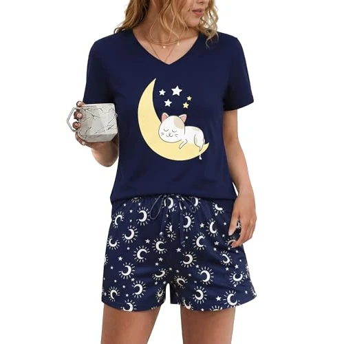 Offre limitée : Litherday Pyjama Femme Été Coton Pyjama Femme Court Manches Courtes Col V Short Imprimé Étoiles Mignon Respirant Confortable de 14.99 € à 14.99 € (0.00% de remise)