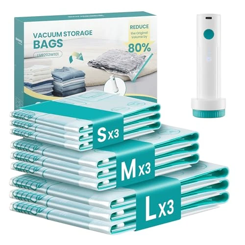 Offerta a tempo: SONGMICS Sacchetti Sottovuoto con Pompa Elettrica Ricaricabile e Portatile, Sacchi Buste per Vestiti Lenzuola Armadi Viaggi, Compatti e Riutilizzabili, 9 Pezzi, 3S/3M/3L, Trasparente LVB201W101 - 0.00% da 26.83 € a 26.83 €