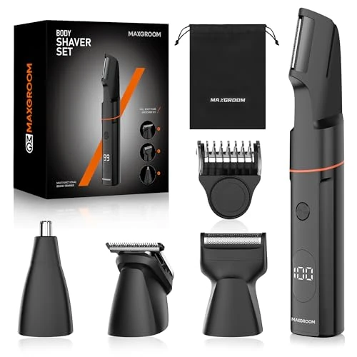 MAXGROOM 4 in 1 Rasoio Elettrico Corpo Uomo Kit, Rasoio Parti Intime Uomo IPX6 Uso Umido e Secco, Depilatore Corpo Ricarica di USB C (Nero, M)