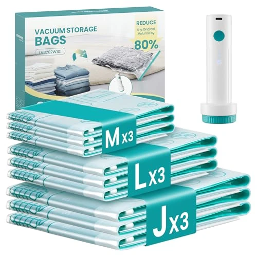 Offerta a tempo: SONGMICS Sacchetti Sottovuoto con Pompa Elettrica Ricaricabile e Portatile, Sacchi Buste per Vestiti Lenzuola Armadi Viaggi, Compatti e Riutilizzabili, 9 Pezzi, 3M/3L/3J, Trasparente LVB202W101 - 33% da 23.99 € a 16.14 €