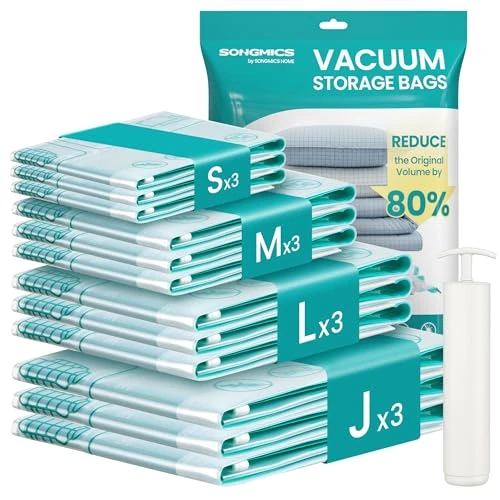 Offre limitée : SONGMICS Housses de Rangement sous Vide, Sacs sous Vide pour Vêtement, Drap, Placard, Voyage, Gain de Place, Réutilisable, avec Pompe Manuelle, Lot de 12, 3S/3M/3L/3J, Transparent LVB106W101 de 22.99 € à 22.99 € (0.00% de remise)