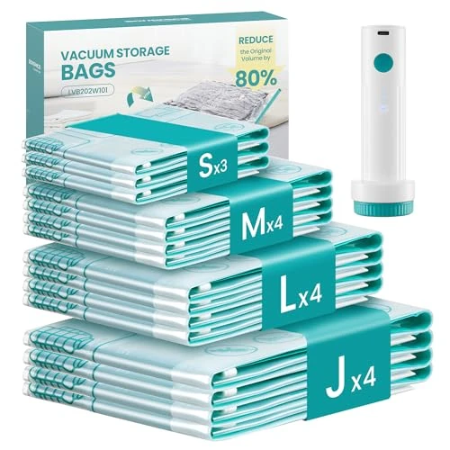 Offre limitée : SONGMICS Housses de Rangement sous Vide avec Pompe Électrique Rechargeable, Sacs sous Vide pour Vêtement, Drap, Placard, Voyage, Réutilisable, 15 Pièces, 3S/4M/4L/4J, Transparent LVB203W101 de 29.99 € à 29.99 € (0.00% de remise)
