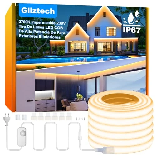 Oferta limitada: Gliztech Tira LED COB Exterior Impermeable IP67 Enchufe Directo AC 220V, Tira LED para Exteriores con Controlador de Doble Fusible, Luz LED Adhesiva para Jardín, Decoración Comercial (10M, 2700k) de 45.99 € a 45.99 € (ahorro 0.00%)