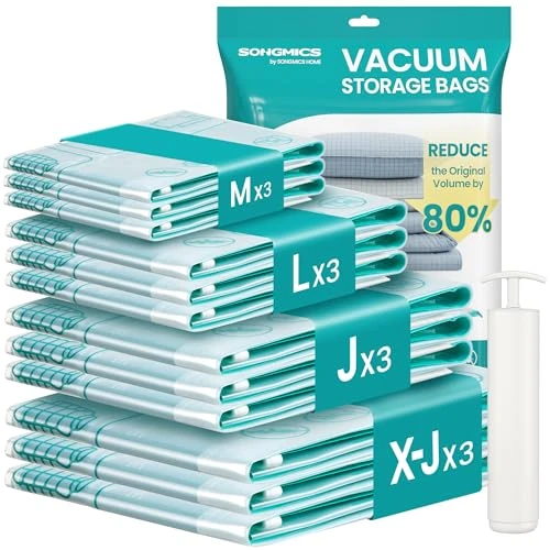 Offerta a tempo: SONGMICS Sacchetti Sottovuoto, Sacchi Buste per Vestiti Lenzuola Armadi Viaggi, Compatti e Riutilizzabili, Pompa a Mano Inclusa, 12 Pezzi, 3M/3L/3J/3X-J, Trasparente LVB107W101 - 40% da 23.99 € a 14.44 €