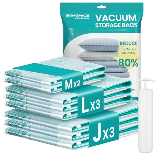 Offerta a tempo: SONGMICS Sacchetti Sottovuoto, Sacchi Buste per Vestiti Lenzuola Armadi Viaggi, Compatti e Riutilizzabili, Pompa a Mano Inclusa, 8 Pezzi, 2M/3L/3J, Trasparente LVB105W101 - 42% da 21.99 € a 12.74 €