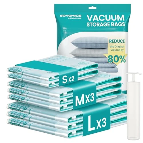 Offre limitée : SONGMICS Housses de Rangement sous Vide, Sacs sous Vide pour Vêtement, Drap, Placard, Voyage, Gain de Place, Réutilisable, avec Pompe Manuelle, Lot de 8, 2S/3M/3L, Transparent LVB104W101 de 18.29 € à 18.29 € (0.00% de remise)