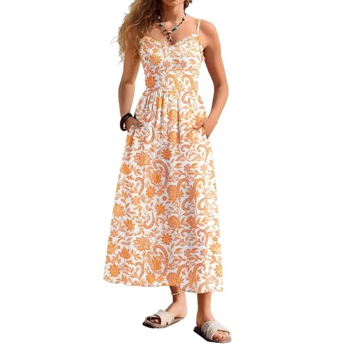 Offre limitée : Kate Kasin Robe d'été pour femme à fleurs, robe de plage décontractée, robe longue avec col en V et bretelles spaghetti, robe smockée, Motif floral jaune., L de 34.39 € à 32.24 € (6% de remise)
