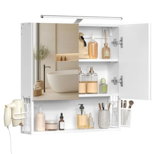Offerta a tempo: VASAGLE Armadietto da Bagno con Luce LED, Spina, Cestino Pensile, Porta Asciugacapelli, Mobile a Parete con Specchio, 13 x 56 x 58 cm, 2 Ante a Specchio, Bianco Nuvola BBK224WB01 - 15% da 69.99 € a 59.49 €