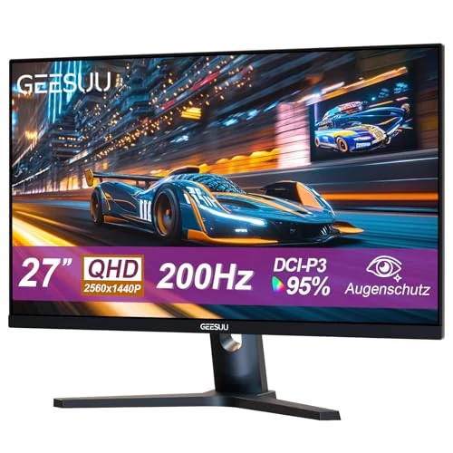 GEESUU Ecran PC Gamer 27 Pouces, Ordinateur 200hz, QHD 1440p, IPS, 1ms, 95% DCI-P3, Eye Care Screen, 1200:1, Gaming HDMI 2.1 & DP 1.4