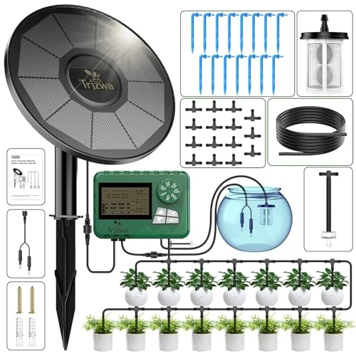 Limited-time offer: TRJZWA Solar Irrigation System Kit with Early Warning Function,DIY Solar Automatic Drip Irrigation Kits,Programmable Water Timer with 15m Watering Hose and 15 Drippers for Balcony/Garden from 31.99 £ to 27.19 £ (save 15%)