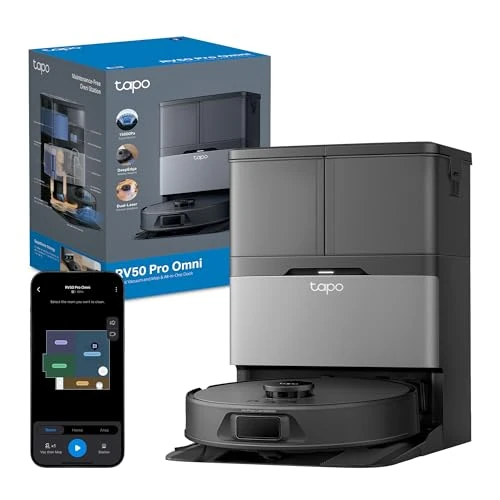 Tapo Robot Aspirador RV50 Pro Omni – 15.000 Pa, Navegación Láser Dual, Autovaciado, Cepillos Antienredo para Mascotas, Limpieza de Bordes, Estación Todo-en-Uno con Depósito de Agua 5L, Negro