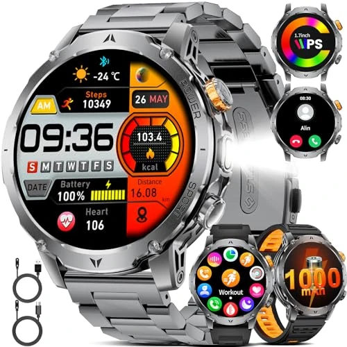 1000mAh Reloj Inteligente Hombre, 1.7" Smartwatch Hombre con 100+ Modos Deportivos, IP68 Impermeable, Llamada Bluetooth, Frecuencia Cardíaca, Monitoreo del Sueño, Android iOS, 3 Pulseras, 2 Cargadores