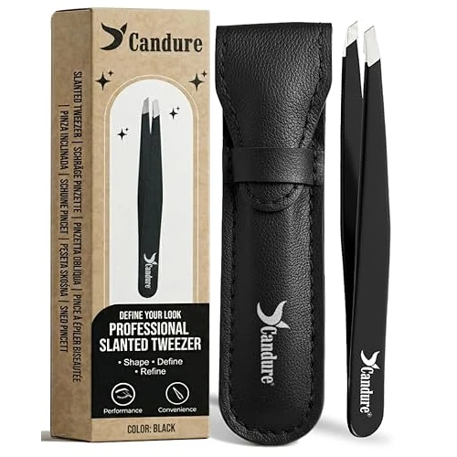 Offerta a tempo: Candure Pinzette Sopracciglia Professionale – Pinzetta Obliqua in Acciaio Inossidabile per Uomo e Donna, Sopracciglia, Mento, Peli del Viso e Peli Incarniti con Custodia in Pelle (Nero) - 40% da 9.99 € a 5.99 €