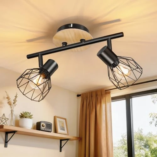 Offerta a tempo: Dehobo E14 Faretti da Soffitto 2 Luci, Legno Orientabili Faretti Soffitto | Industriale Vintage Nero Modello Lampada da Soffitto Faretto da Parete Interno Senza Lampadina per Soggiorno Camera da Letto - 43% da 26.99 € a 15.47 €