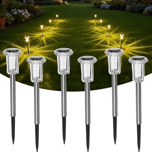 Offerta a tempo: Luci Solari da Giardino a LED–Lampade Solari da Esterno (Set da 6)–Illuminazione Solare da Giardino Bianco Caldo–Decorazione Solare da Giardino Impermeabile IP44 per Prati, Ambienti Esterni e Giardini - 46% da 25.00 € a 13.47 €